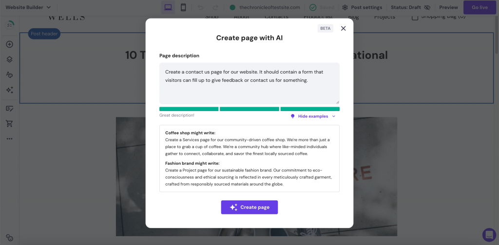 Ferramenta AI Page Generator da Hostinger