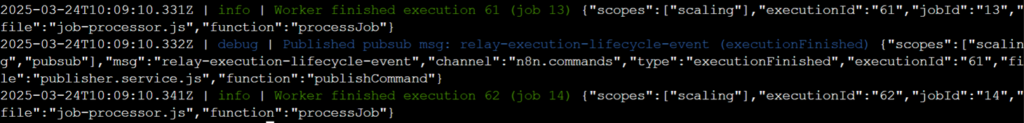 Imagem do terminal onde o comando `docker logs` foi executado, mostrando o worker enviando logs com sucesso para o console referentes à execução do fluxo de trabalho.