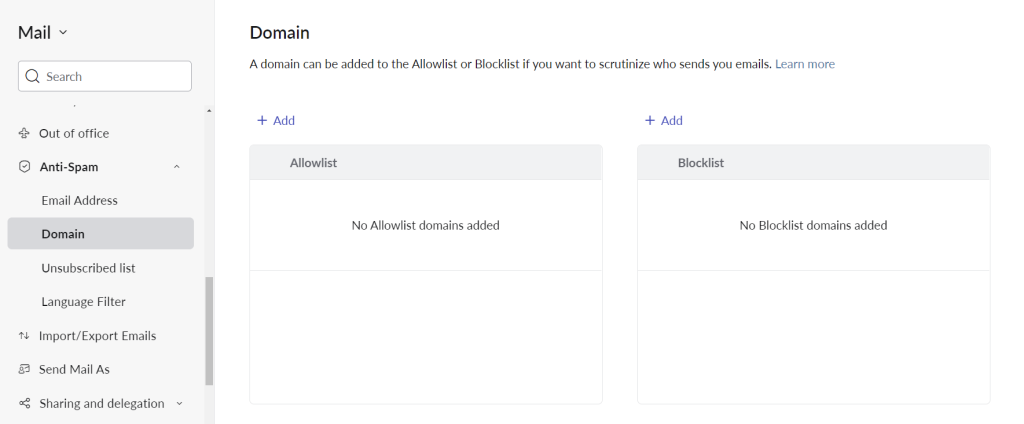 Lista de bloqueio de domínios no Zoho Mail