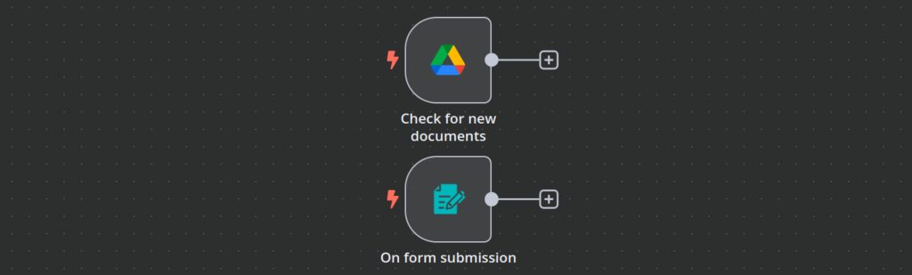 Tela de fluxo de trabalho n8n mostrando os nós de gatilho do Google Drive e de envio de formulário.