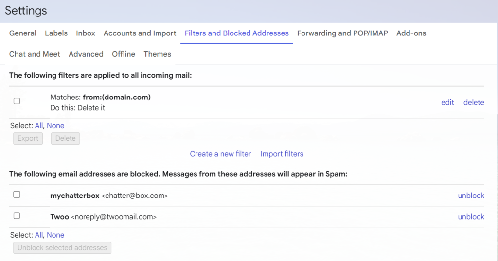 Configurações do Gmail, mostrando filtros e endereços bloqueados.