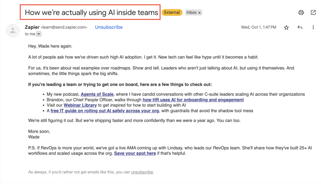 Linha de assunto do boletim informativo por e-mail do Zapier