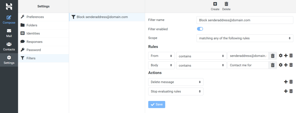 Configurações do webmail da Hostinger onde o usuário pode gerenciar seus filtros.