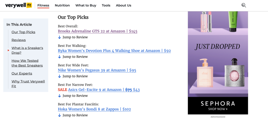Uma publicação do blog Verywell Fit, contendo links de afiliados.