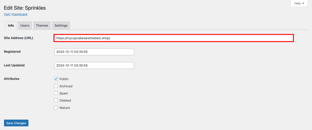 Editar o endereço de um subsite do WordPress Multisite com domínio personalizado.