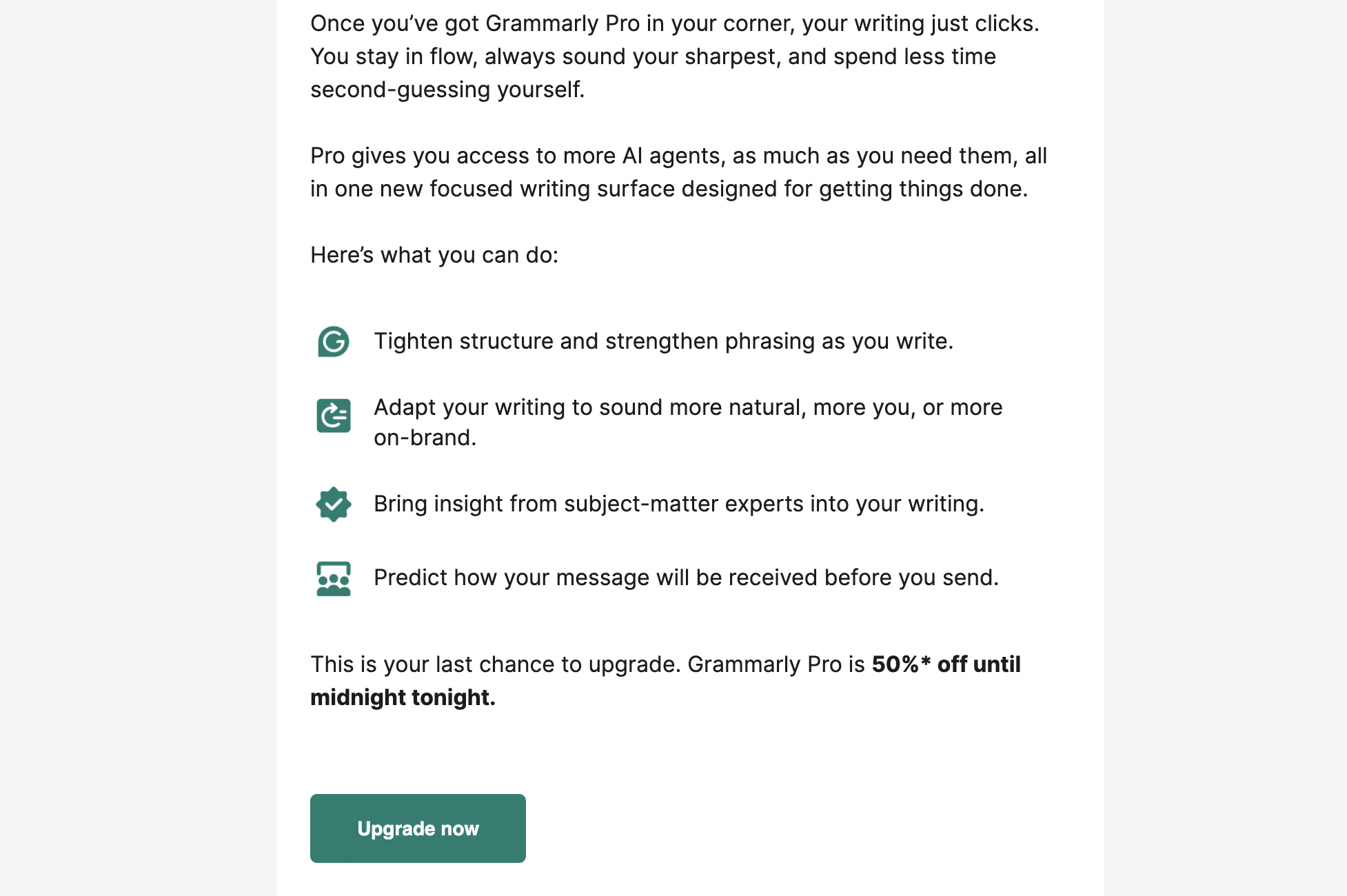 A newsletter por e-mail do Grammarly exibindo um CTA para 