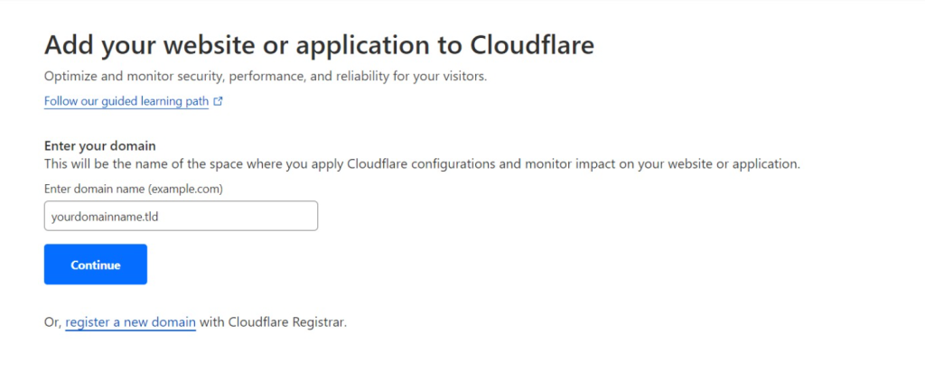 A página de registro de domínio no painel do Cloudflare