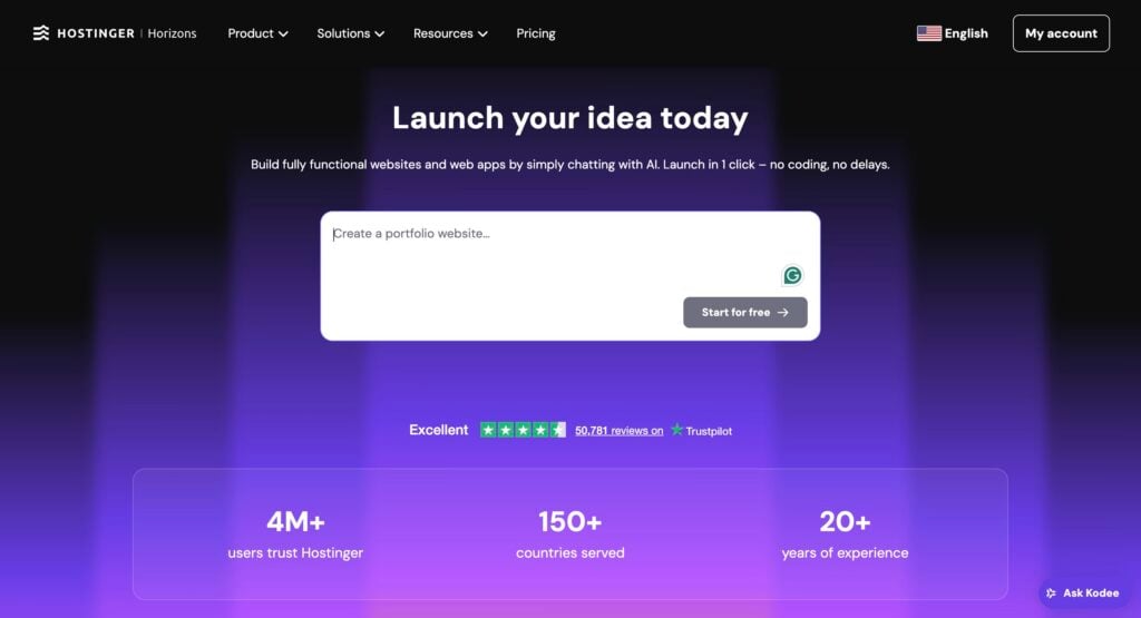 Página inicial do Hostinger Horizons
