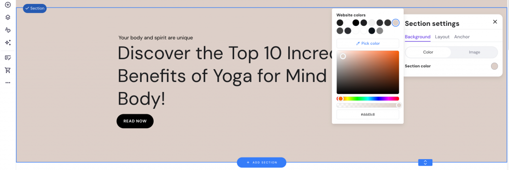 Ferramenta de seleção de cores do Hostinger Website Builder