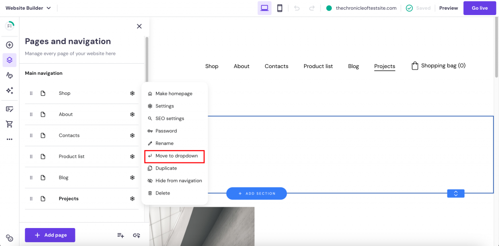 Funcionalidade do construtor de sites da Hostinger para criar menus suspensos