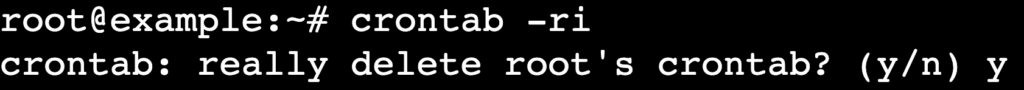 O terminal solicita confirmação para o comando crontab -ri