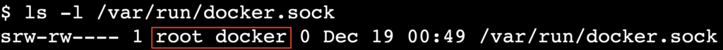 Saída do terminal mostrando o arquivo docker.sock pertencente ao usuário root e ao grupo docker.