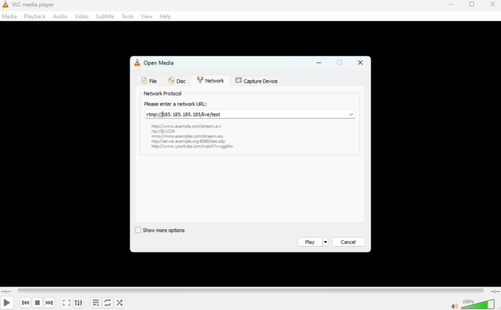 Configurações de streaming RTMP do VLC