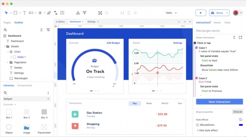 Captura de tela mostrando um exemplo da interface de usuário do Axure RP.