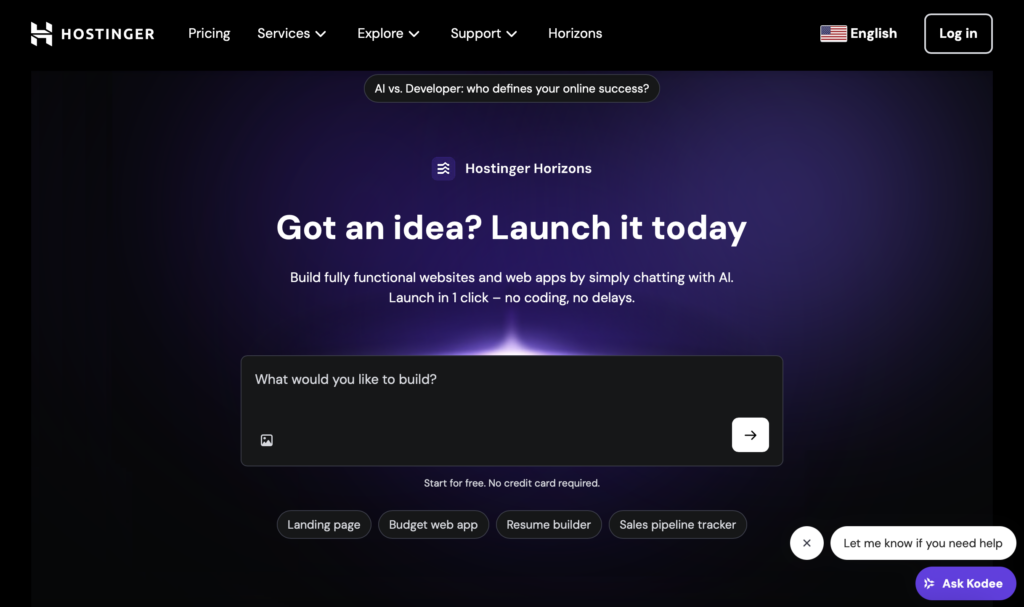 Uma captura de tela do Hostinger Horizons, que é um exemplo de ferramenta de desenvolvimento de sites e aplicativos com inteligência artificial.
