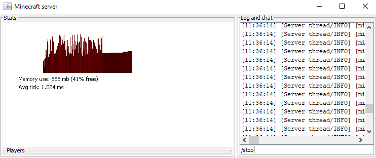 Um servidor Minecraft em execução com o comando /stop digitado.