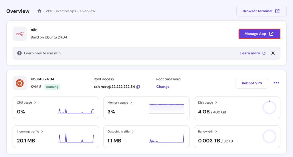 O botão Gerenciar Aplicativo na página Visão Geral do VPS do hPanel

