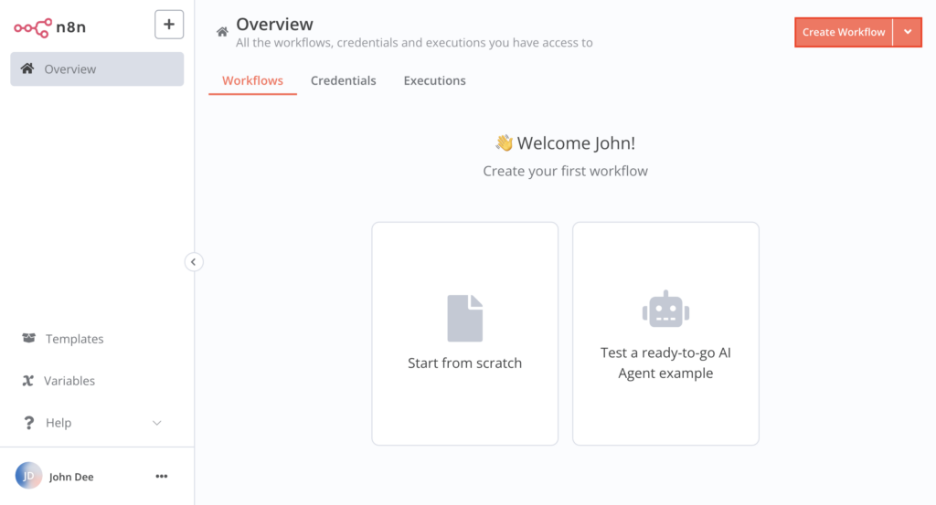 Visão geral do n8n - fluxos de trabalho - criar fluxo de trabalho - destacado
