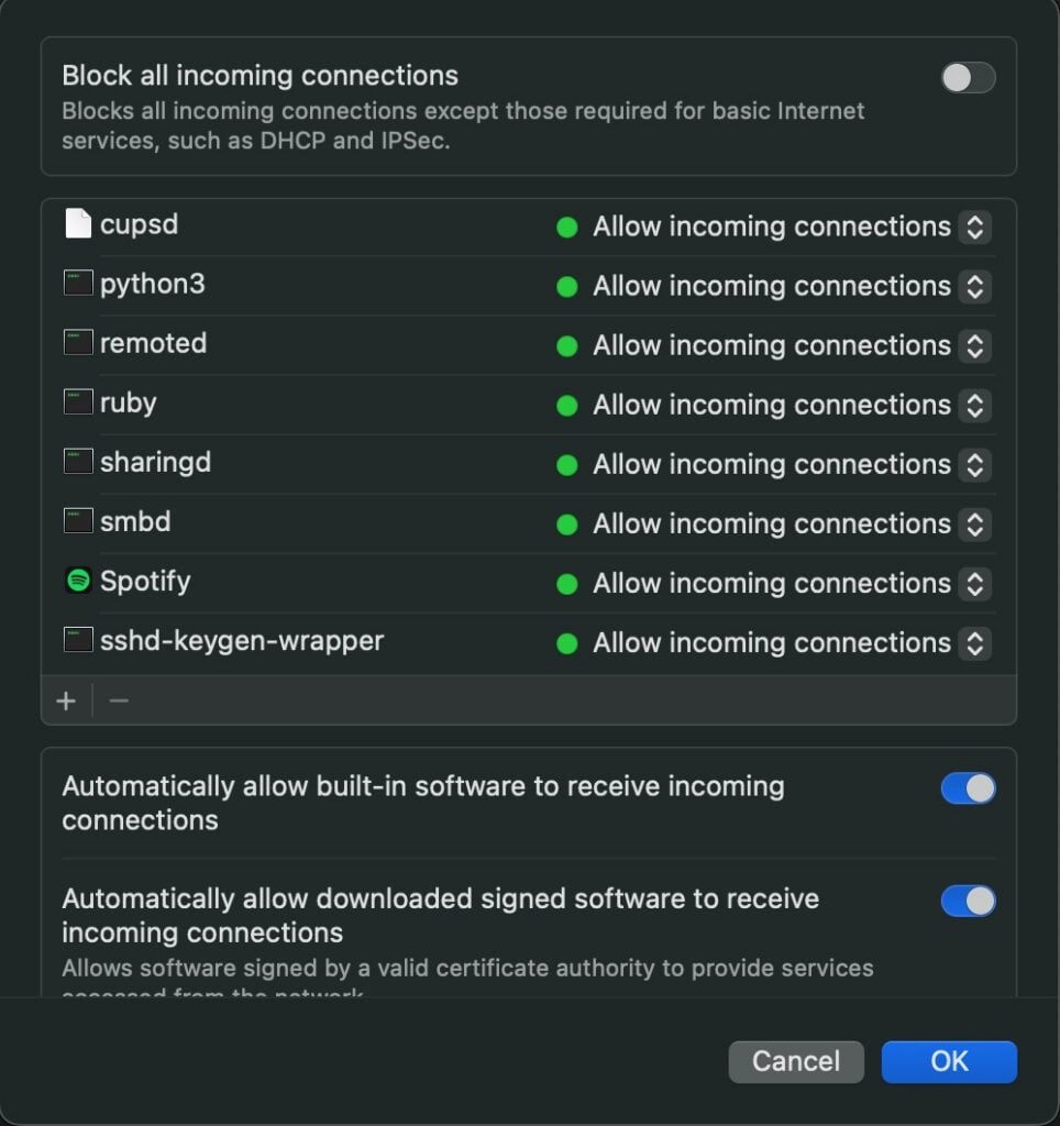 O menu de configuração de regras do firewall no macOS