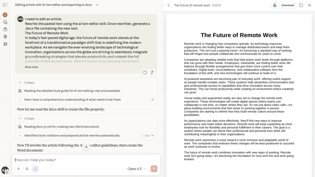 Bate-papo usando a habilidade ai-ism-editor para reescrever texto e gerar um arquivo DOCX