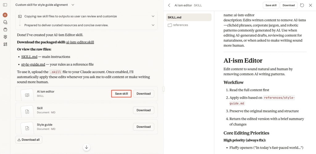 Chat onde Claude gera a habilidade ai-ism-editor a partir de regras do usuário.