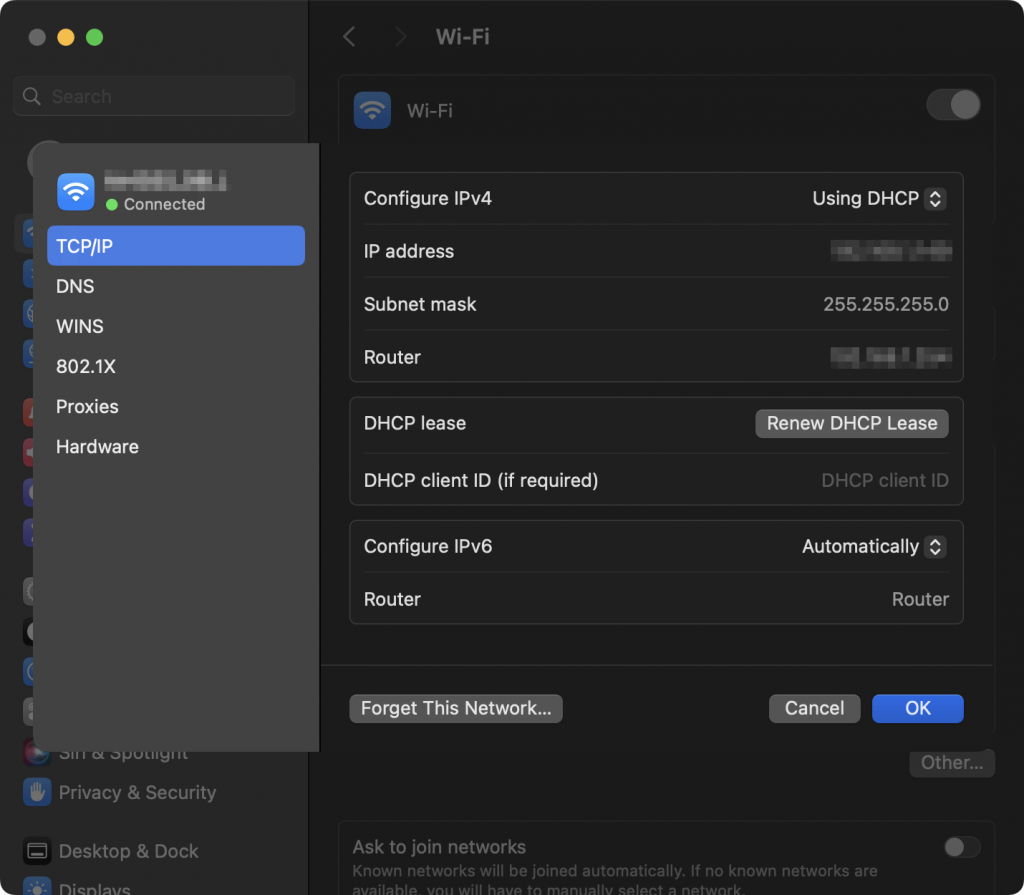 Detalhes da rede TCP/IP exibidos nas Configurações do Sistema no macOS