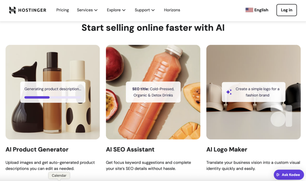 Funcionalidades da ferramenta de criação de sites de comércio eletrônico da Hostinger, destacando algumas das opções que uma ferramenta como essa pode oferecer.