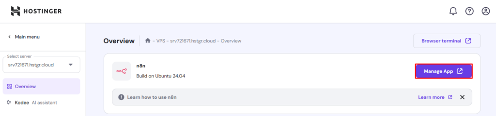 Acessando o painel de controle do n8n via hPanel.