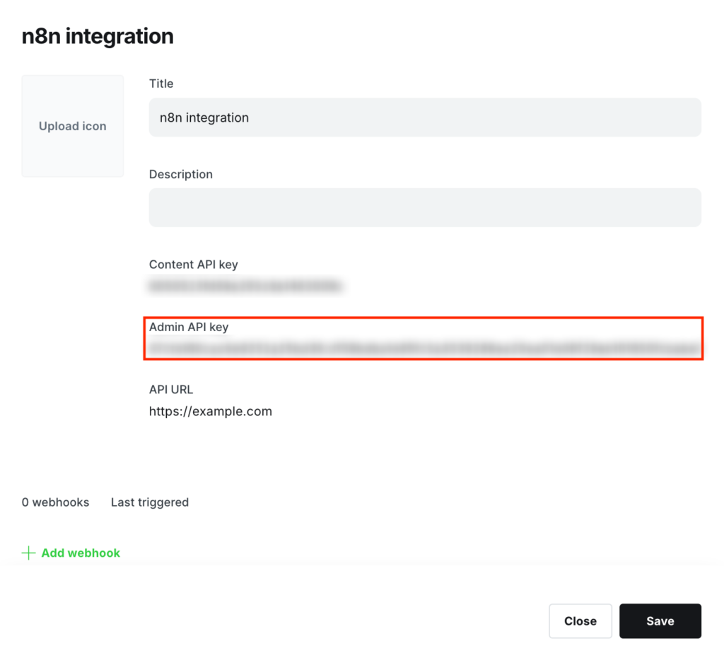 A chave da API de administrador gerada no painel de administração do Ghost.

