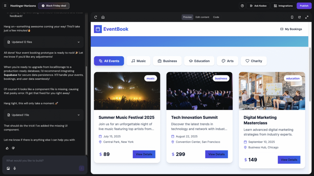 Interface do editor de aplicativos web do Hostinger Horizons