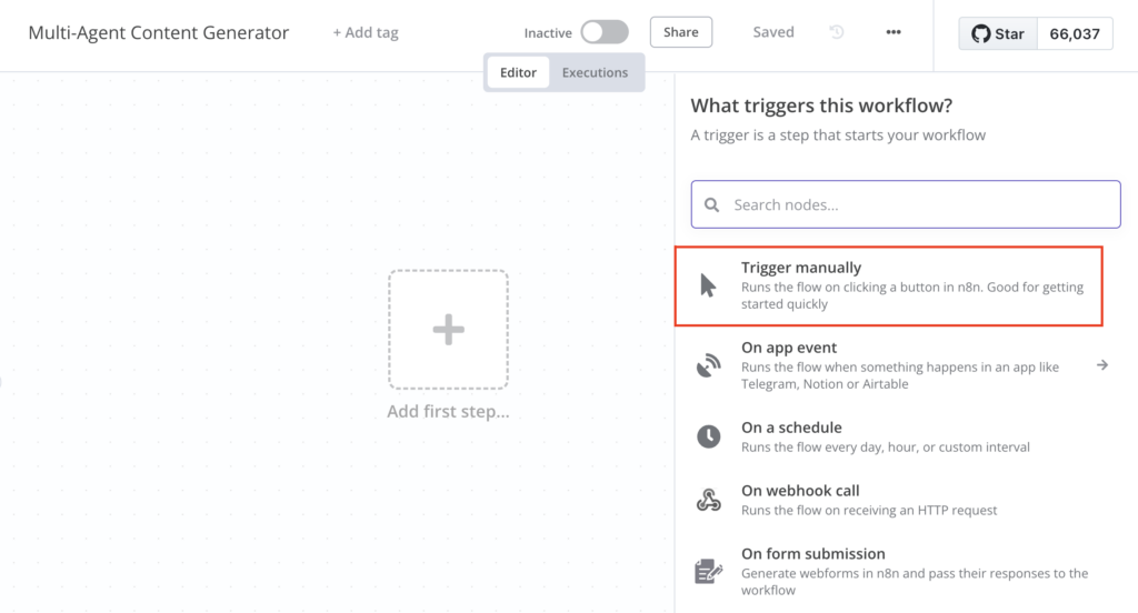 A opção Acionar manualmente na tela do editor de fluxo de trabalho n8n
