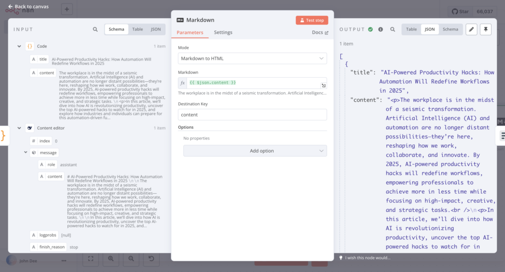 O painel de entrada, a caixa de diálogo de configuração e o painel de saída do nó Markdown no n8n.
