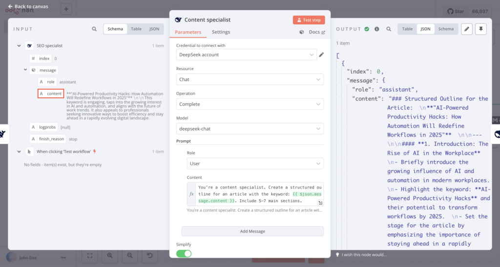 O painel de entrada, diálogo de configuração e painel de saída do nó especialista em conteúdo DeepSeek no n8n.
