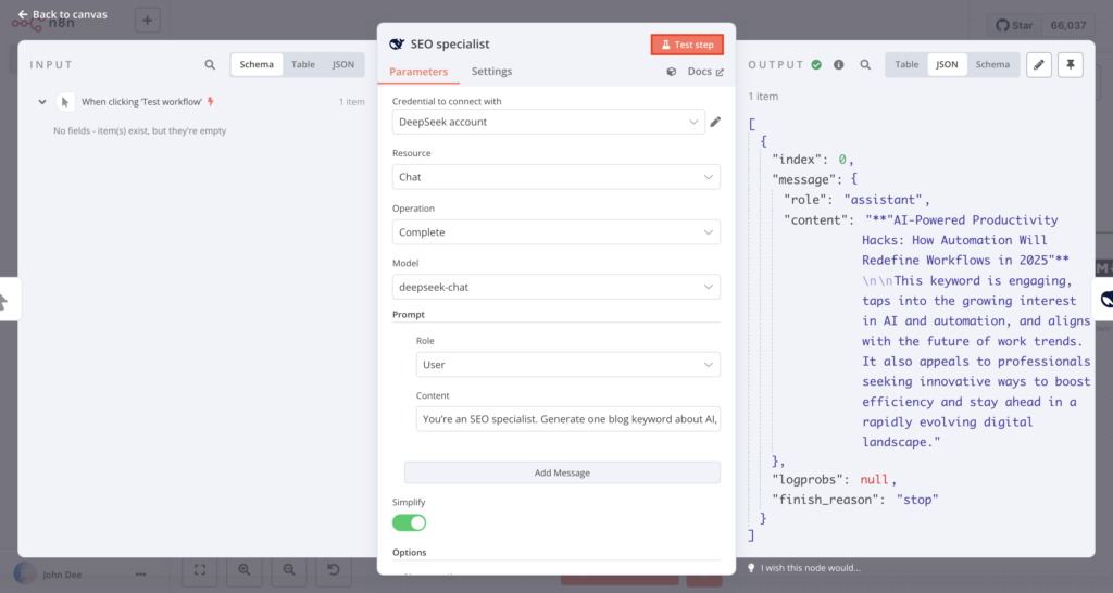 Painel de entrada, diálogo de configuração e painel de saída do nó especialista em SEO DeepSeek no n8n.
