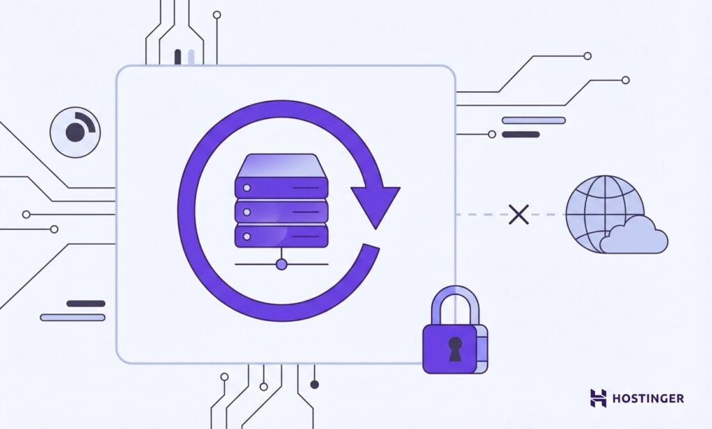 Ilustração de um backup de servidor com um símbolo de atualização, um cadeado e um globo, simbolizando a segurança dos dados e a integração com a nuvem.