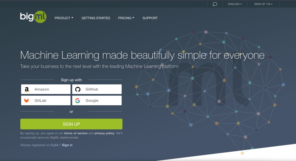 Página inicial do BigML