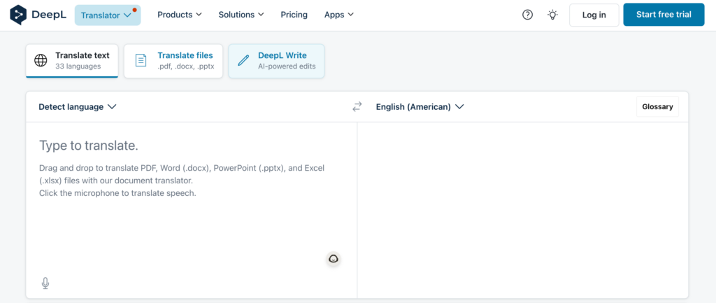Página inicial do tradutor DeepL