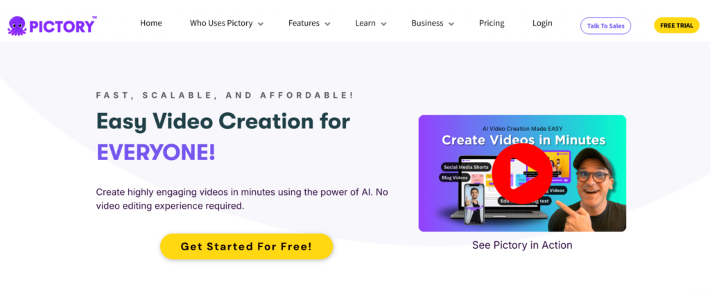 Página inicial da Pictory AI