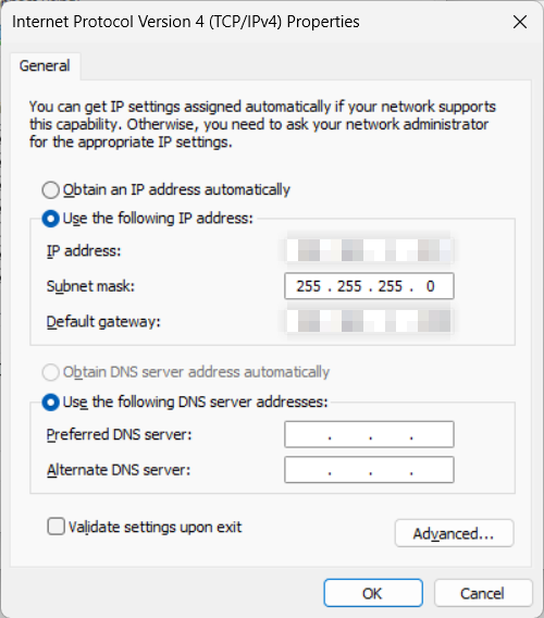 O menu de configuração TCP/IPv4 no Windows