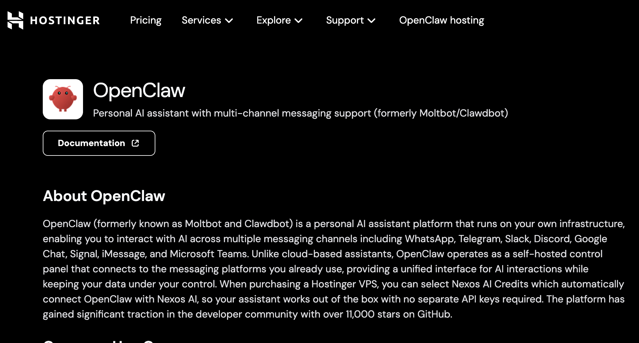Interface do Hostinger OpenClaw VPS mostrando a integração do Nexos AI Credits para uso de tokens de IA incluídos.