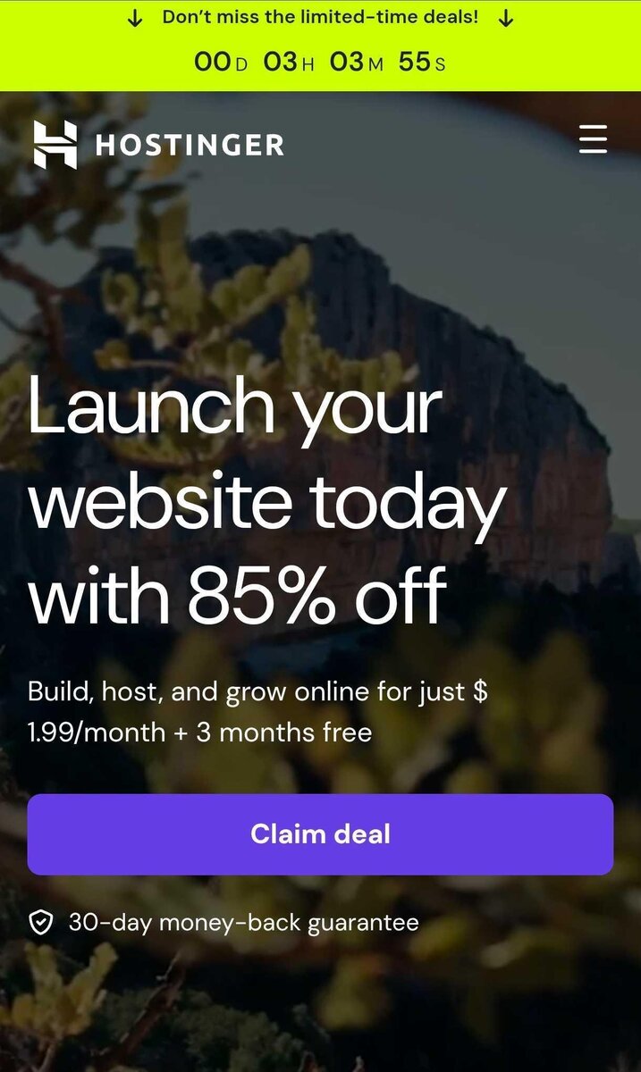 Captura de tela da página inicial da Hostinger em um dispositivo móvel.