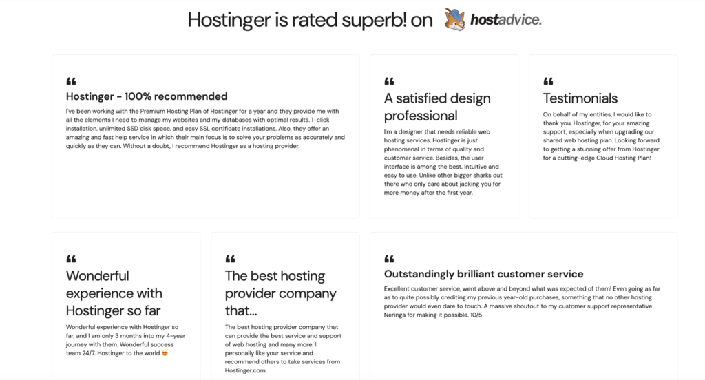 Página de avaliações da Hostinger