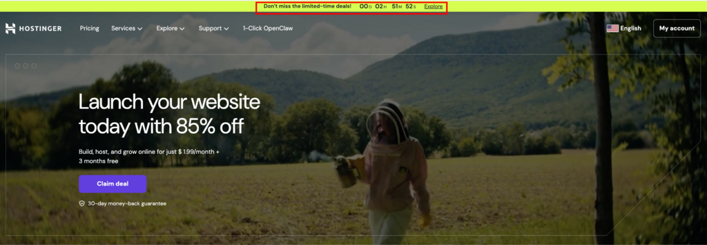 Banner de ofertas por tempo limitado da Hostinger na página inicial