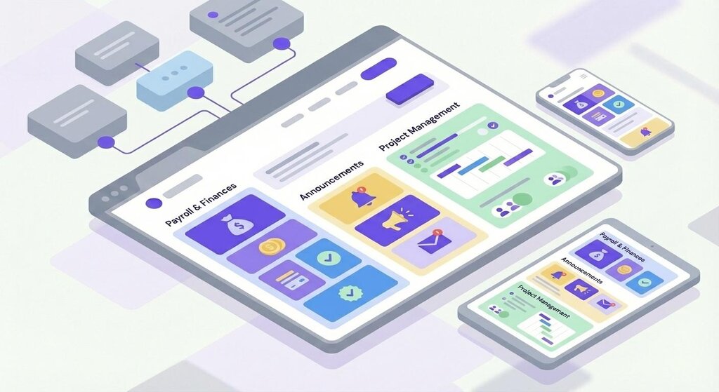 Ilustração de um portal do colaborador exibindo seções de folha de pagamento e finanças, comunicados e gerenciamento de projetos. 