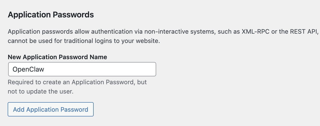 Painel de Senhas de Aplicativos no painel de controle do WordPress