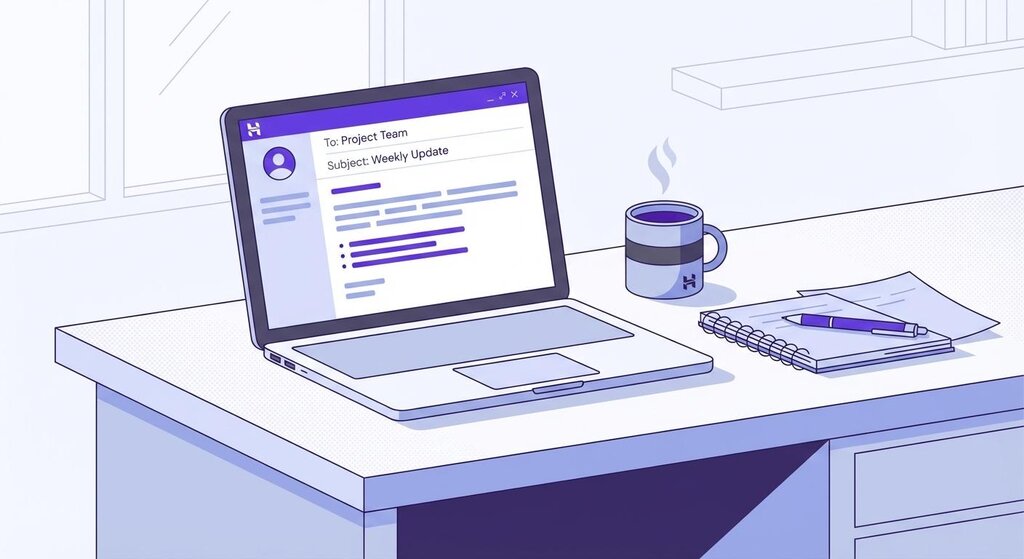 Ilustração de uma mesa de trabalho com anotações, café e um laptop mostrando um e-mail aberto.