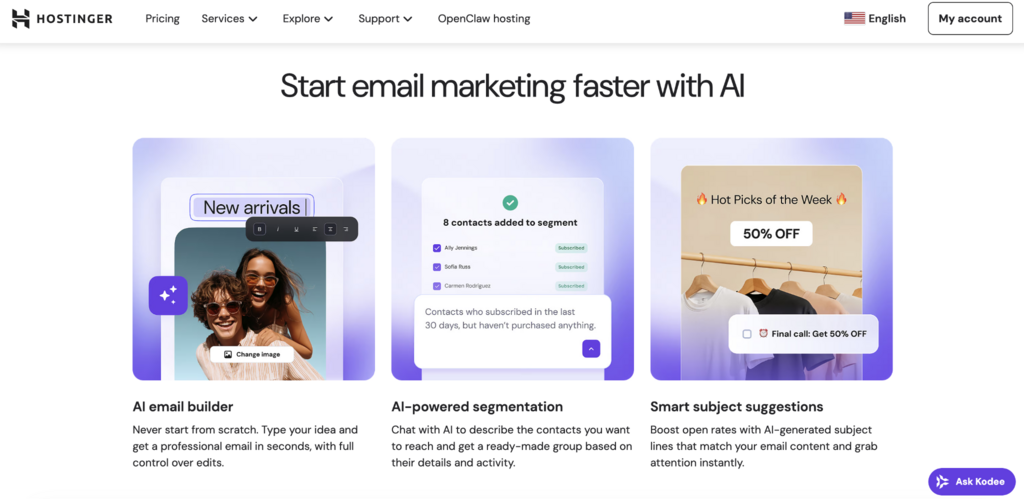 Recursos da página de marketing por e-mail do Hostinger Reach