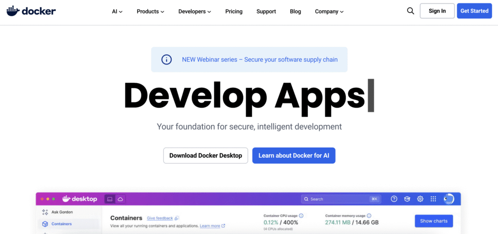 Página inicial do site do Docker