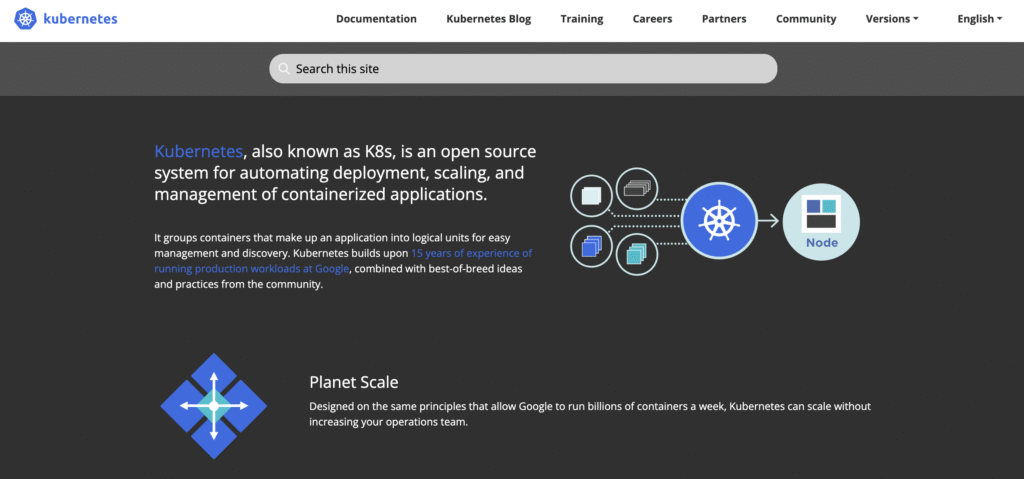 Página inicial do site do Kubernetes