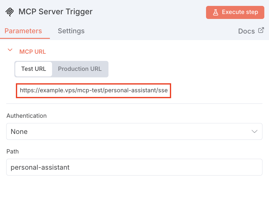 O nó n8n MCP Server Trigger, com seu campo exclusivo de URL de Teste destacado para cópia.